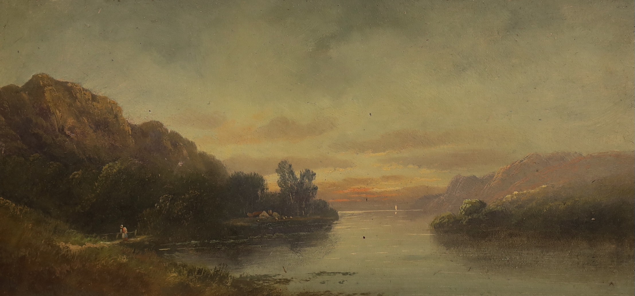 English School, early 20th century, two oil on boards, lake scenes, 29 x 62cm